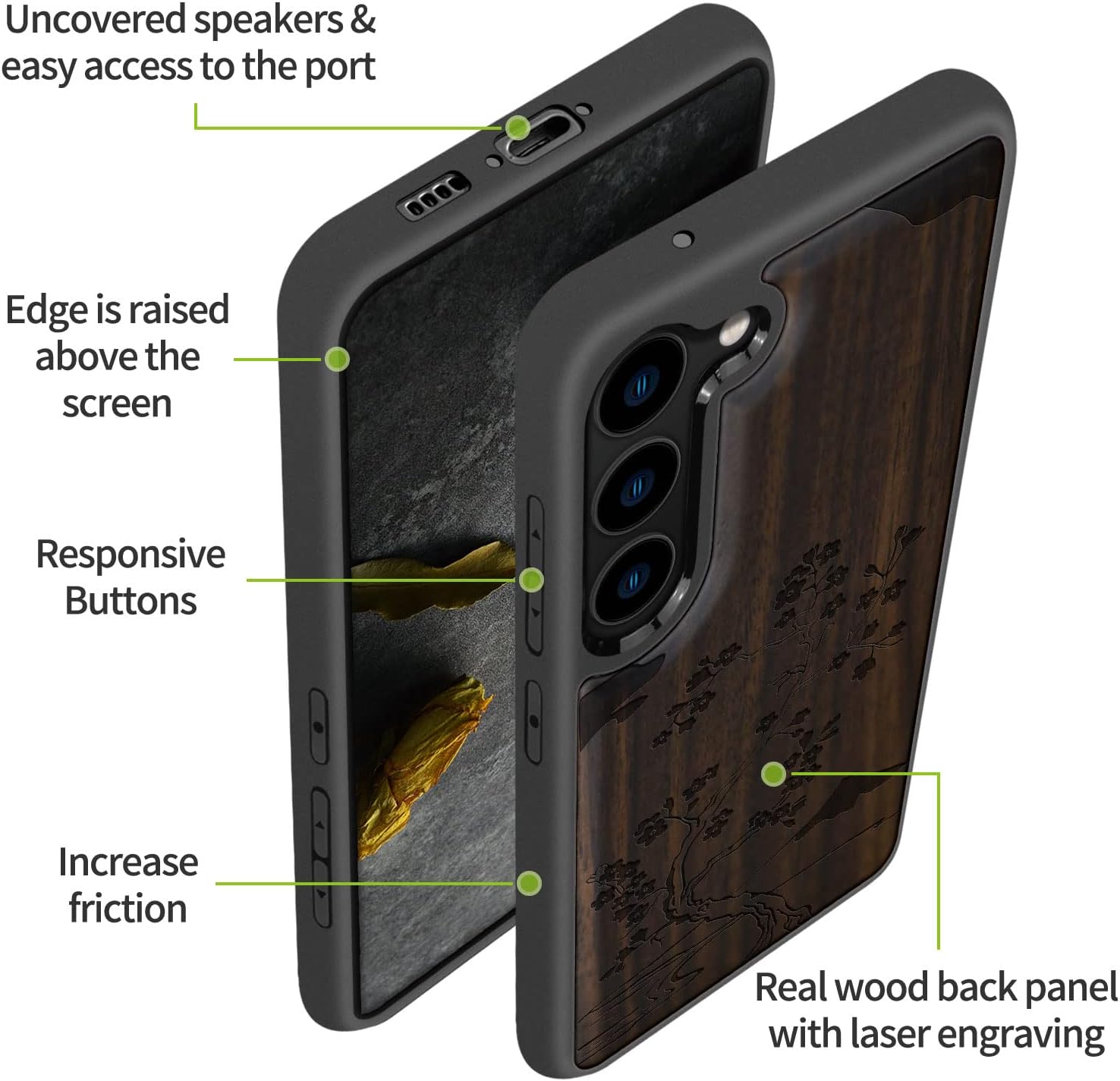 Carveit Wood Case for Galaxy S23 Case [Natural Wood & Black Soft TPU] Shockproof Protective Cover Unique & Classy Wooden Design Compatible with Samsung S23 (Cherry Blossom-Blackwood)