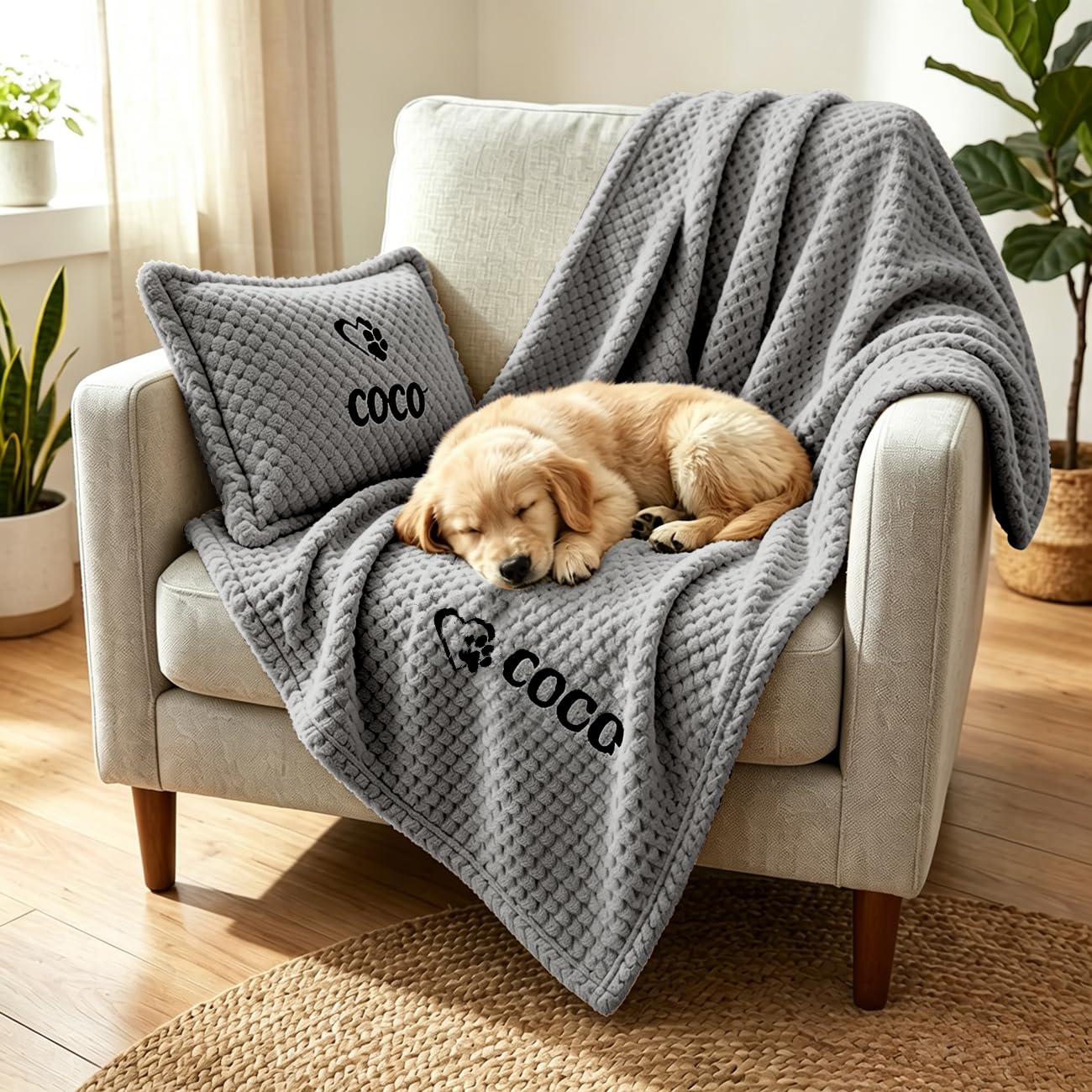 Personalized Pet Blanket and Pillow Set, Embroidered Name Dog Blanket and Cushion Set with Name & Paw Print, Soft Waffle Fleece Blankets and Pillow for Dogs Cats(Grey)