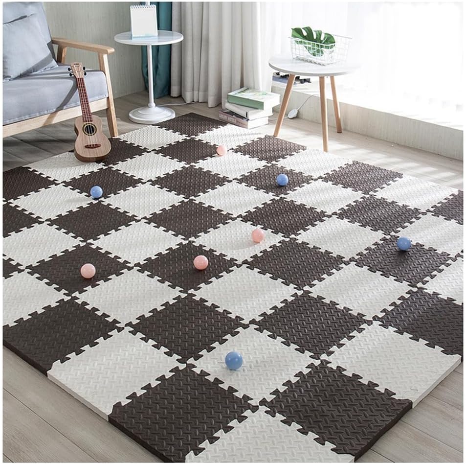 50 Pcs Interlocking EVA Foam Floor Tiles 12×12 in, 0.4 in Thick Non-Slip Exercise Mat, DIY Cuttable Puzzle Mats for Home Gym, Classroom, White & Brown
