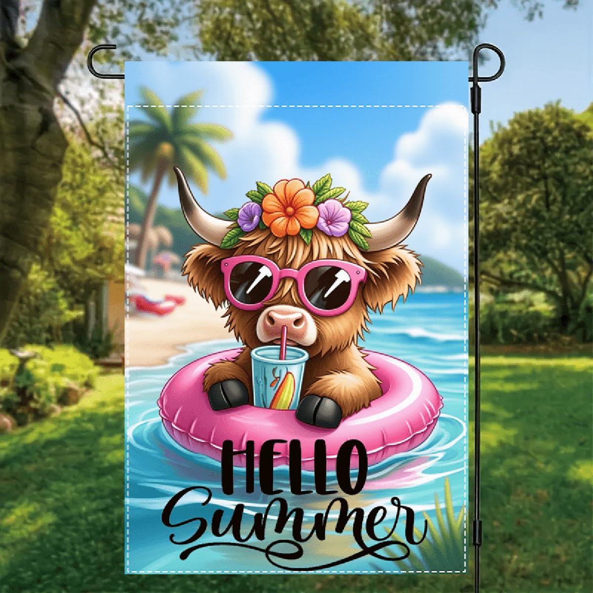 Hello Summer Highland Cow Garden Flag 12 x 18 inch Double Sided Outside Decorations,Beach Floral Cow Small Garden Flags For Outdoor Yard Lawn - Image 2