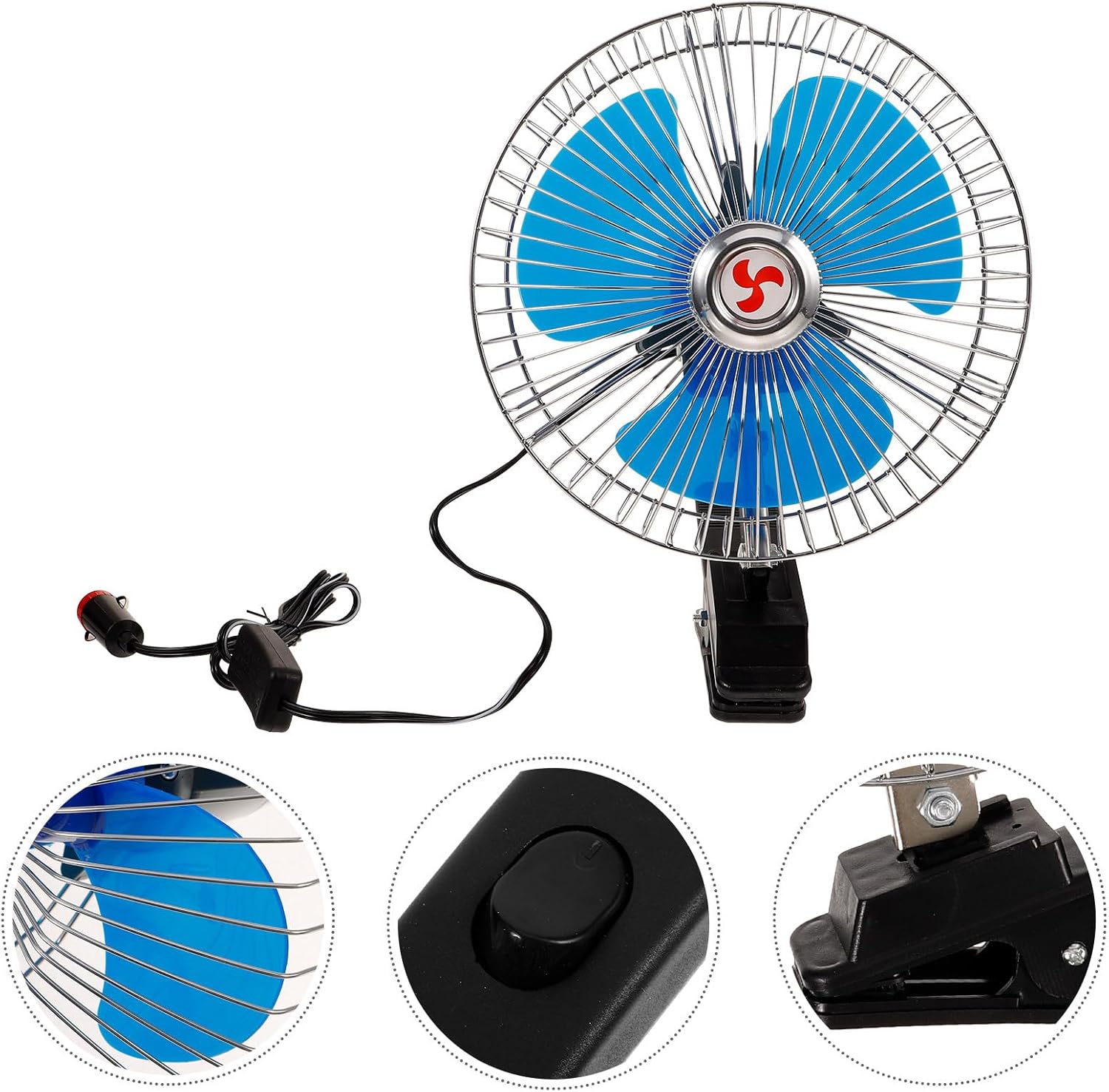 Luxshiny 8 Inch 12v Car Oscillating Fan, Portable Clip-on Dashboard Cooling Fan, Stainless Steel Plastic, Blue
