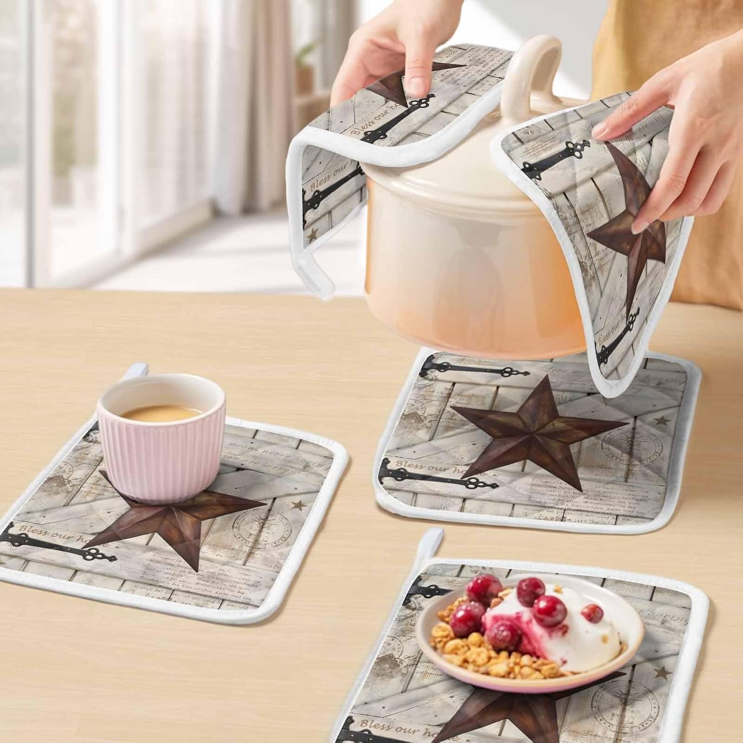 Texas Star Vintage Pot Holders for Kitchen Heatproof Potholder, 5 Pack Retro Brown Berry Wooden Hot Pads Multipurpose Oven Pads Cloth Potholders Trivet for Cooking Baking