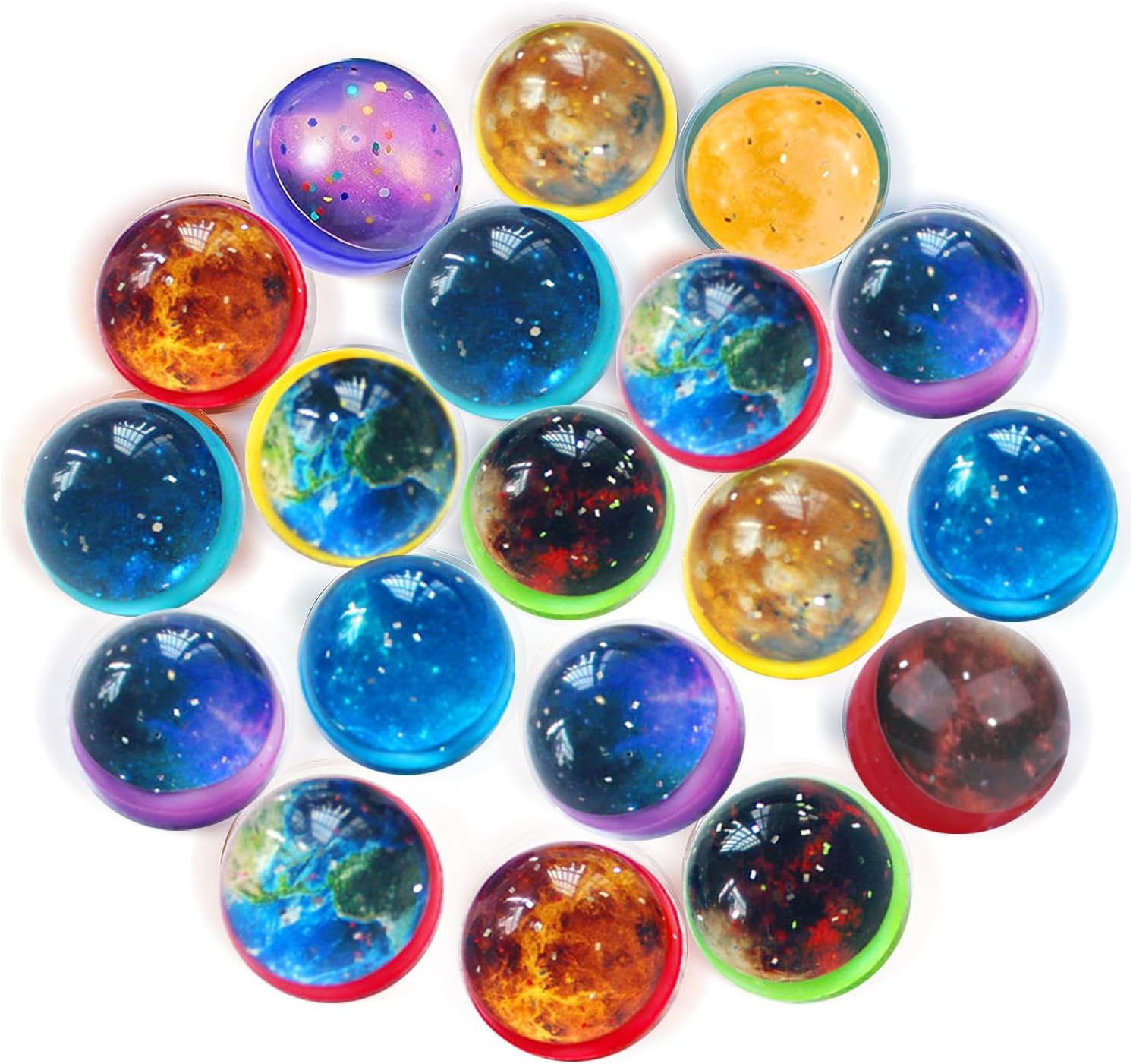 Jatidne 24pcs Bouncy Balls for Kids Party Bag Fillers 30mm Diameter Rubber Balls Colorful Space Pattern Stocking Filler Birthday Gift School Prize