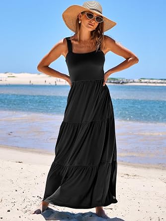 ANRABESS Women's Summer Casual Long Maxi Beach Vacation Dresses Sleeveless Square Neck Flowy Tiered Sun Dress with Pockets