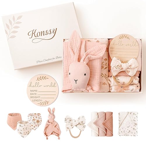 Konssy Regalos de baby shower, conjunto de artículos esenciales para recién nacidos, regalos de revelación de género, conejito amoroso, manta para