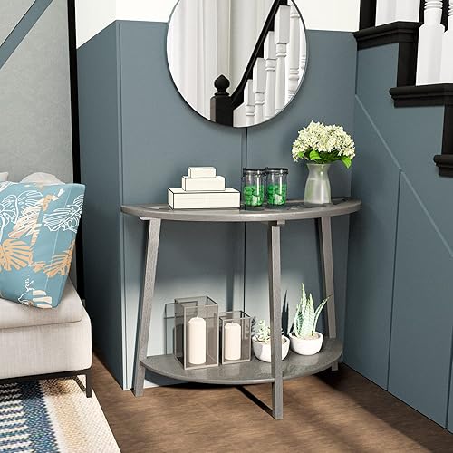 Miniatura 7 de HOMPUS Mesa de entrada media redonda con estante tablero de madera de fibropanel de densidad media maciza mesa de consola clásica y tradicional 157