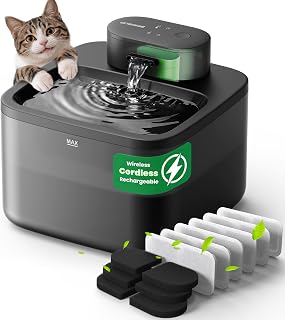 oneisall 소형 고양이 및 강아지용 필터 6개가 있는 2.2L 무선 고양이 분수 | 필터 6세트, 매우 조용함, 충전식 배터리 작동, BPA 프리, 스마트 펌프 표시기