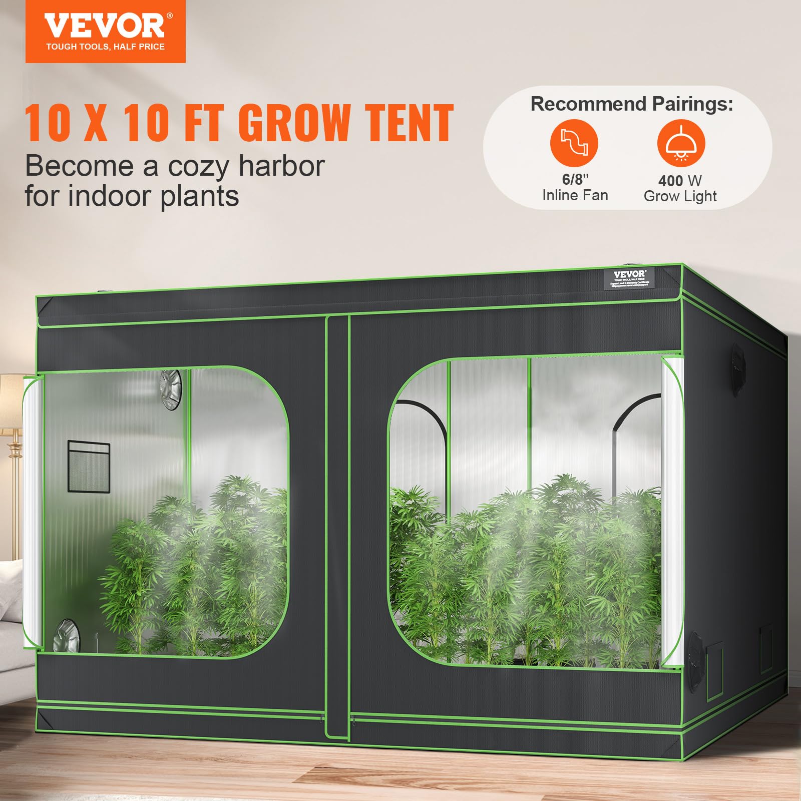 VEVOR Armario de Cultivo 305x305x203 cm Carpa de Cultivo Hidropónico Mylar 600D Altamente Reflectante con Ventana de Observación, Bolsa de Herramientas, Bandeja de Piso para Cultivo de Plantas