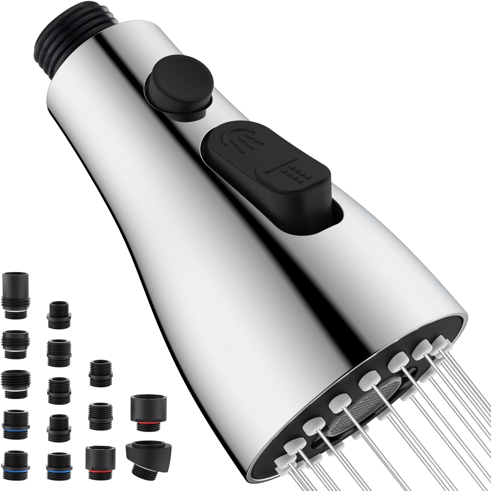 Kitchen Faucet Head Replacement with 15 Adapters - 3 Functions Pull Down Spray Head for Kitchen Faucet, Pull Out Faucet Sprayer Head Nozzle, Kitchen Sink Faucet Sprayer Head Replacement, Chrome
