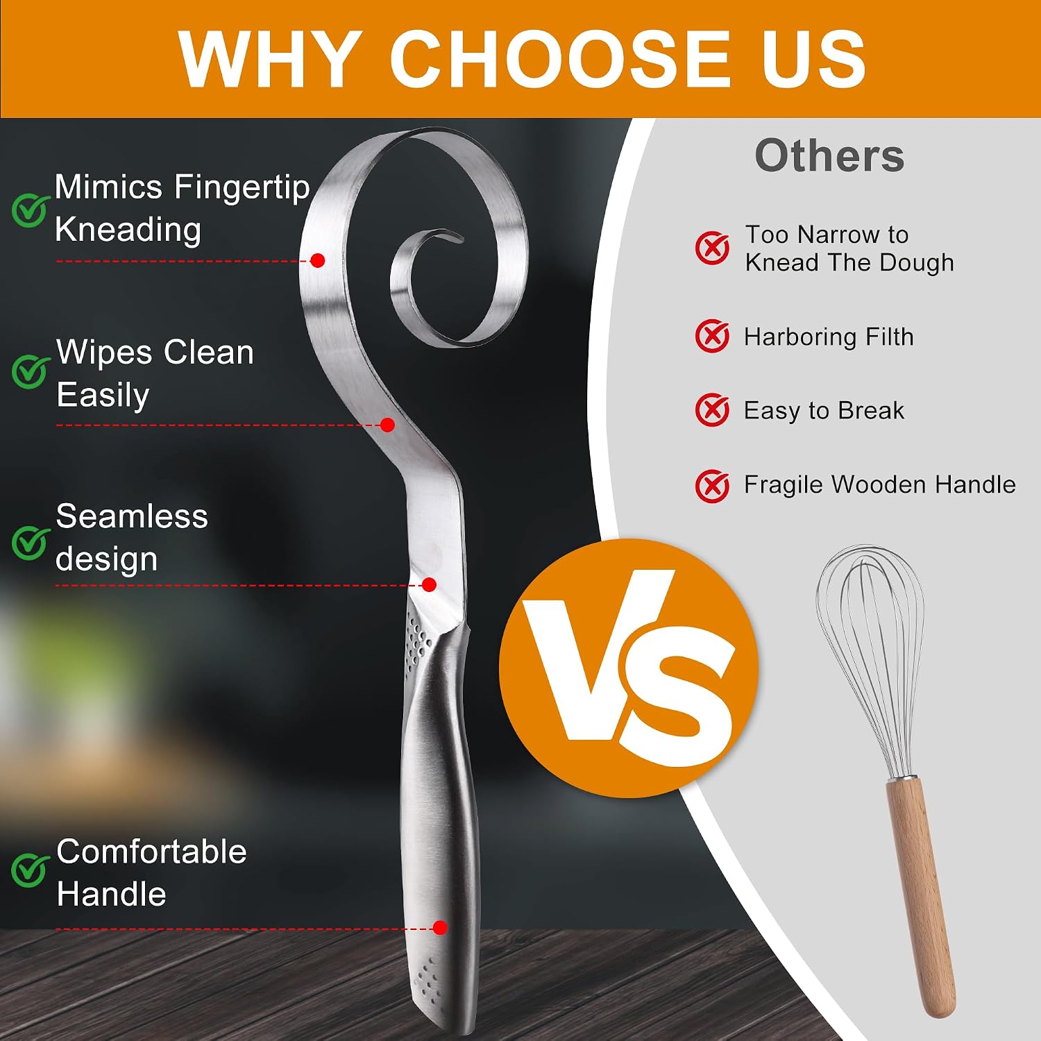 Sanova Seamless Danish Dough Whisk: 10" Stainless Steel Dutch Bread Dough Whisk for Sourdough - Hand Mixing Tool for Pizza, Pastry, Cake Batter, Dishwasher Safe Professional Baking Starter
