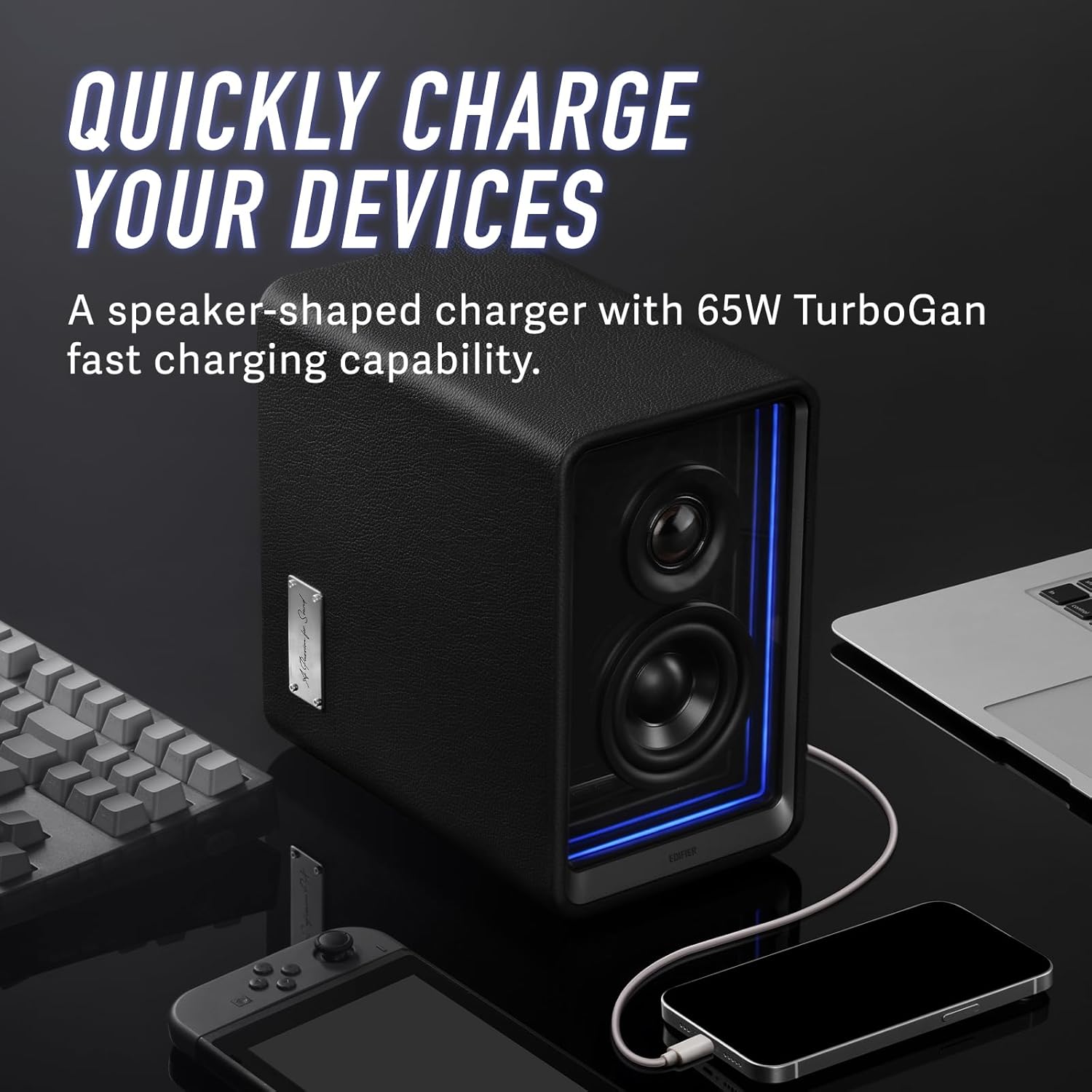 Edifier QR65 Active Monitor Speakers with 65W GaN Fast Charger Function, 70W RMS Bluetooth Computer Speaker with Hi-Res 24bit Wireless Audio, Subwoofer Out and Light Effects (Black)