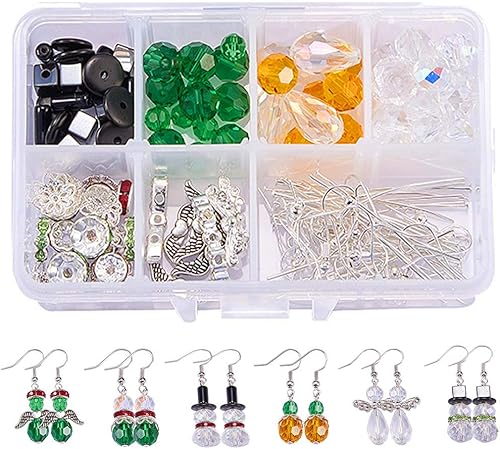 SUNNYCLUE 1 caja de bricolaje para hacer 6 pares de aretes colgantes de cuentas de cristal de Navidad, kit de iniciación para principiantes, muñeco