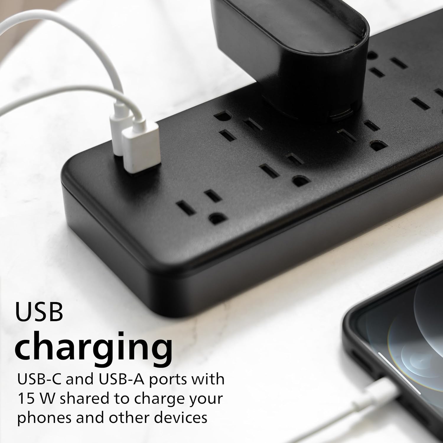 Philips 7-Outlet Surge Protector Power Strip with USB, 1 USB-A, 1 USB-C, 6 Ft Braided Extension Cord, Mutli Plug Outlet Extender, Adapter-Spaced, Charging Station, 15W, 1500 Joules, Black, SPP3703B/37