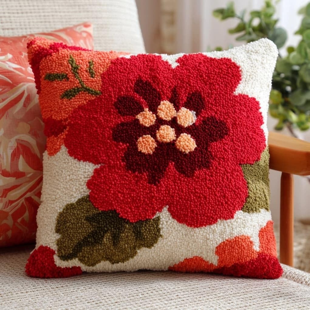 AxiangziK Latch Hook Cushion Kits for Beginners,Red Flowers