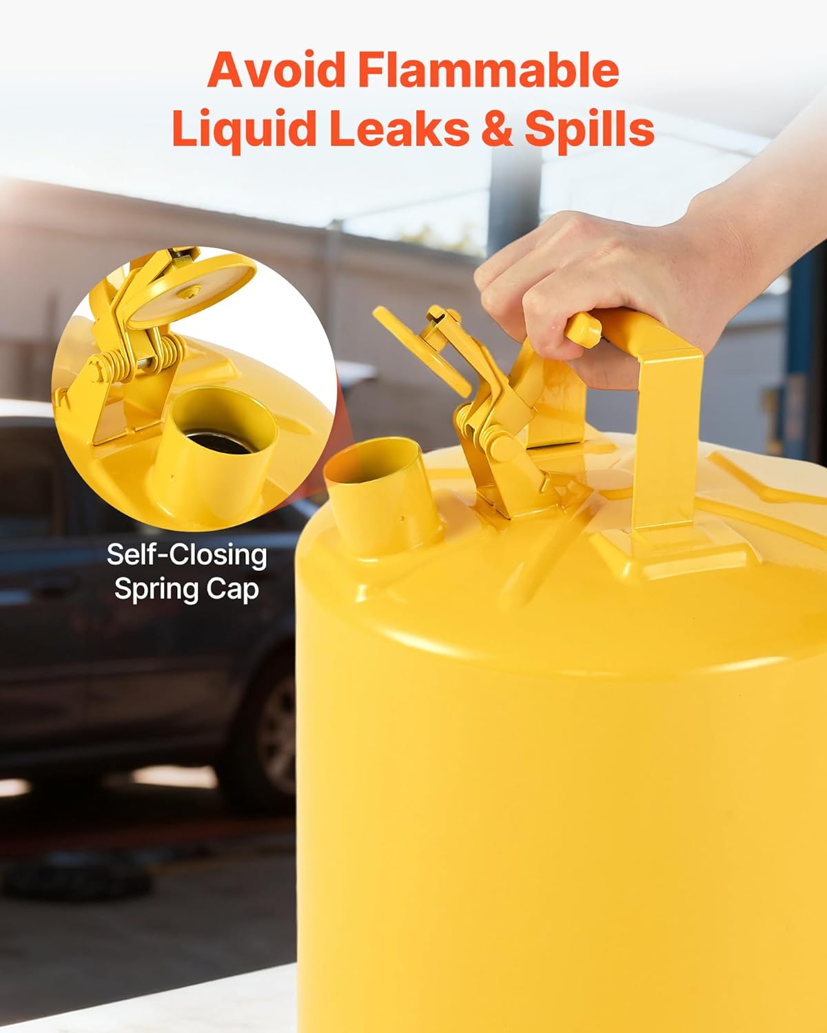 VEVOR Mental Container, 5 Gallon Type I Yellow Metal Container for Liquid Material with Stainless Steel Flame Arrester, Self-Closing Lid & PE Funnel, Carbon Steel Flammable Saving with Handle