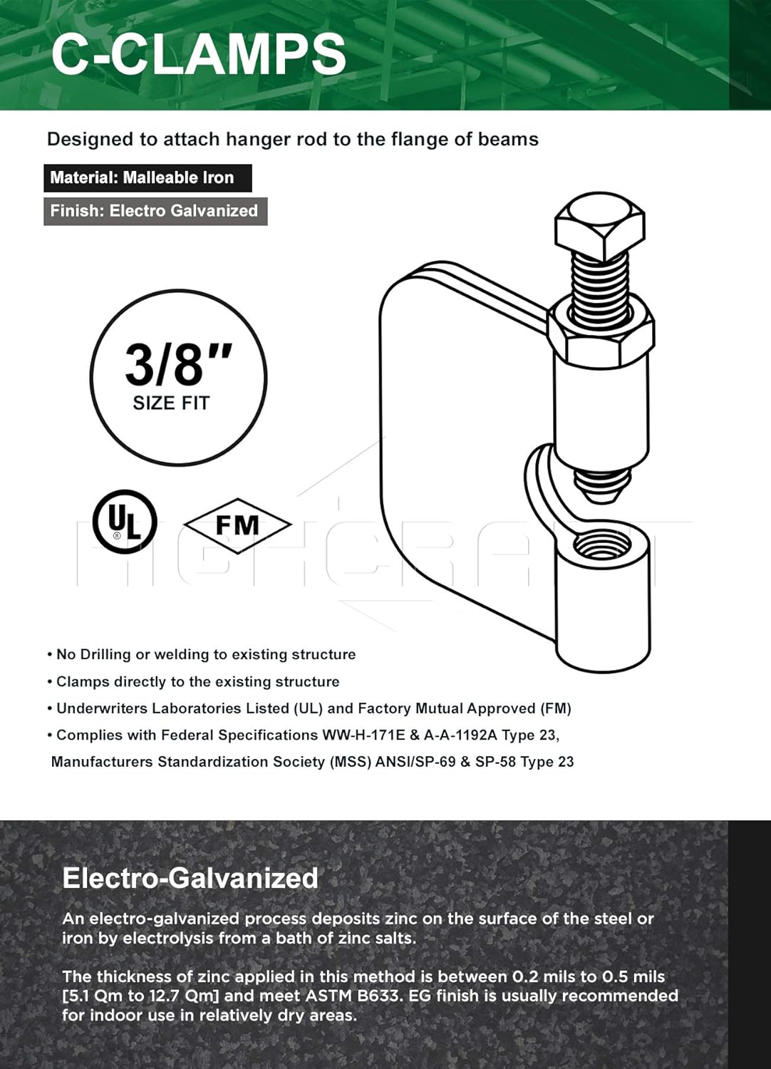 Highcraft DMDN-HF38-10 C-Clamp Beam Rod Anchor- Wall Ceiling Mount Vertical Piping Support- Clamp for Copper, Steel, PVC Tubing, 3/8 in., Electro Galvanized Steel (10 Pack)