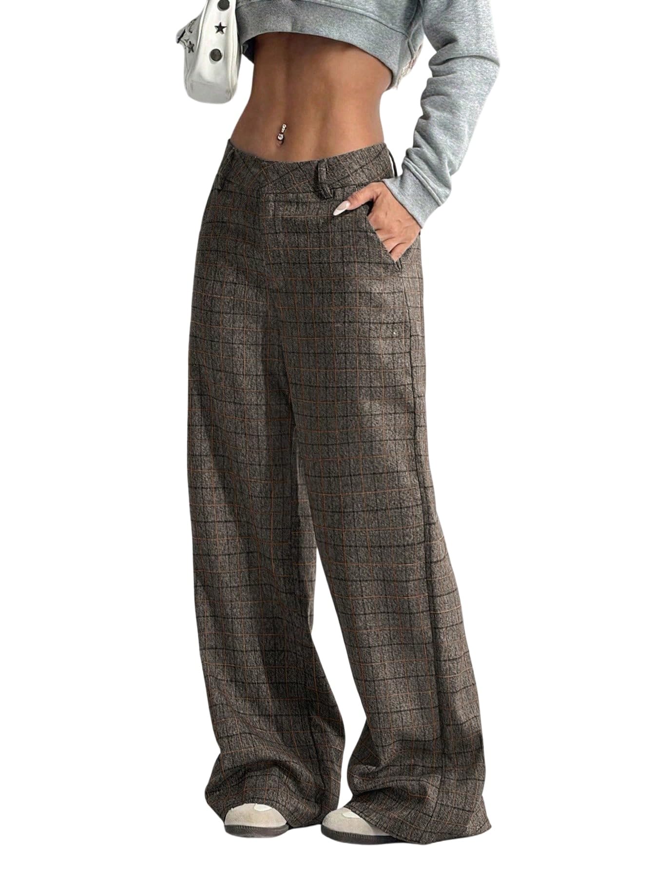 GORGLITTER Damen Vintage Karierte Hosen mit Tasche Drop Waist Weite Hose Freizeithose mit Knopf Retro Casualhose mit Reißverschluss Streetwear