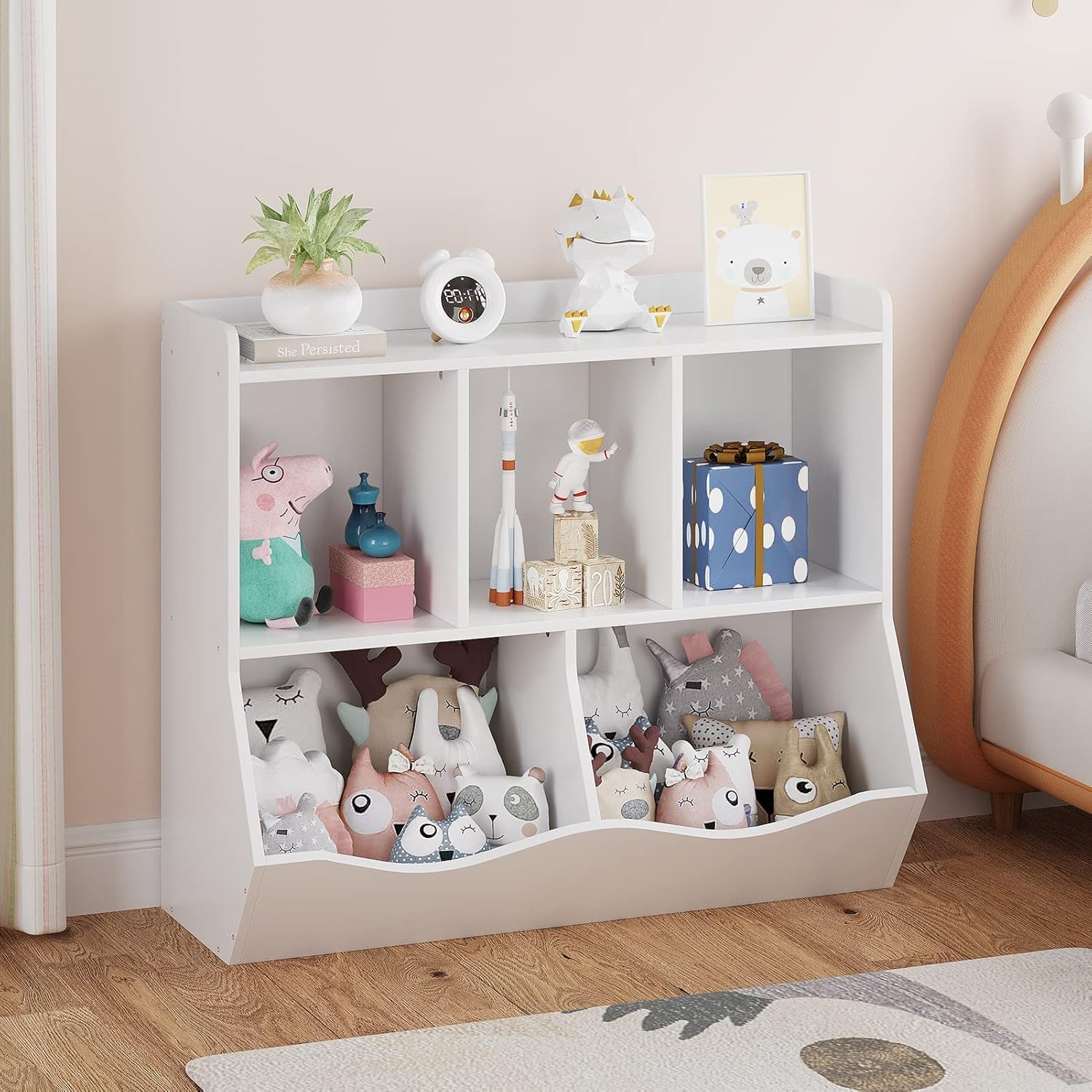 Bibliothèque enfant bois 2 niveaux et meuble rangement jouet blanc casiers ouverts lot de 2