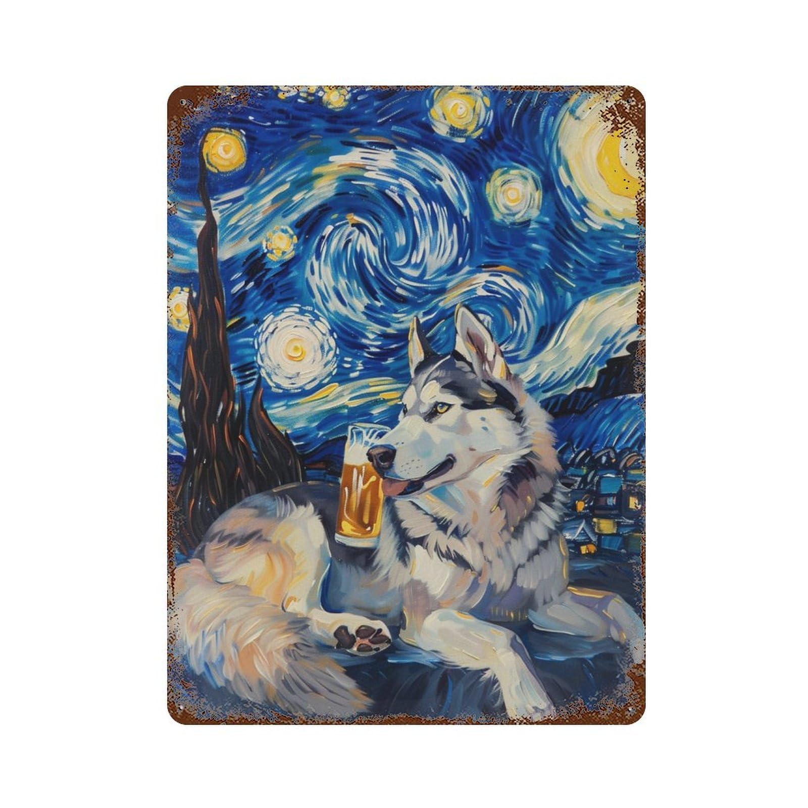 Starry Night Husky with Beer -1 Decorative Tin Sign 15.7"x11.8", Vintage Wall Decor for Garage, Pub Or Kitchen