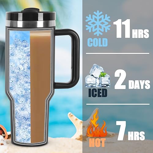 Miniatura 4 de Paquete de 4 vasos de 40 onzas con asa y tapa con pajilla, acero inoxidable de doble pared aislada al vacío, taza de café aislada al vacío con juego