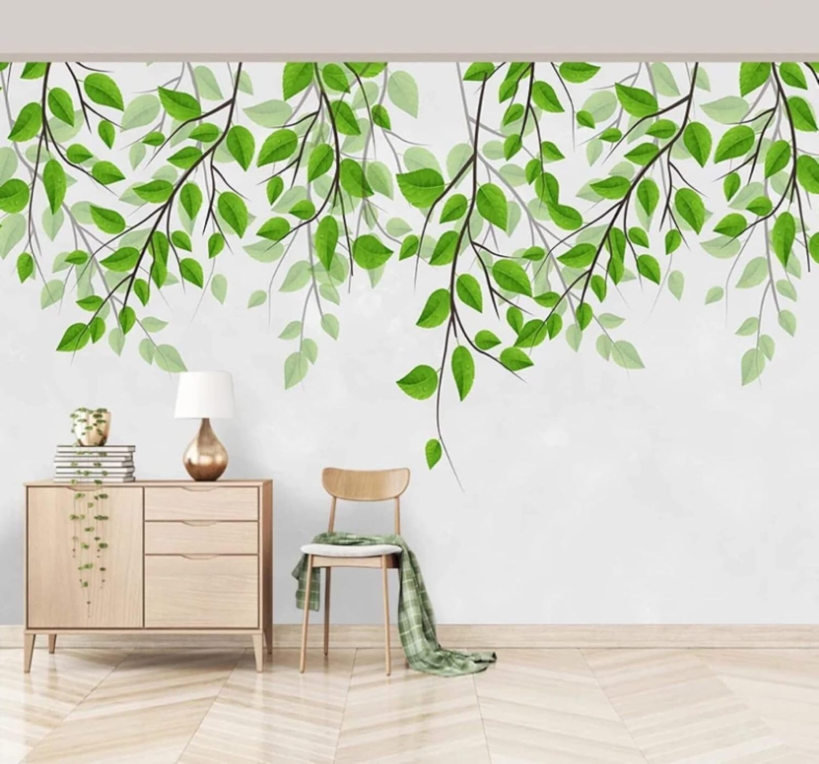 XLMING Minimalist Fresh Hand Drawn Green Leaves Vines 3D Wallpaper Luxury Silk Study Dining Feature Sofa Grey Bedroom Living Room Tv Decorative Wall-250cm×170cm