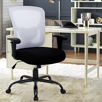 Big & Tall Office Chair Heavy Duty 400LBS Computer Desk Chair Ergonomic Task Rolling Swivel Mesh Chair with Lumbar Support & Adjustable Armrest Executive Chair for Women Men, White