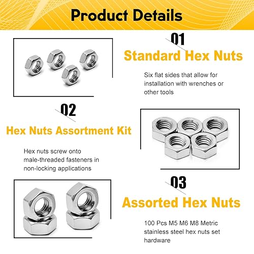 Miniatura 5 de Juego de 100 tuercas hexagonales métricas, 20 tuercas hexagonales M8x1.0.984 in, 30 tuercas hexagonales M6x1mm 50 tuercas hexagonales M5x0.0.315 in,