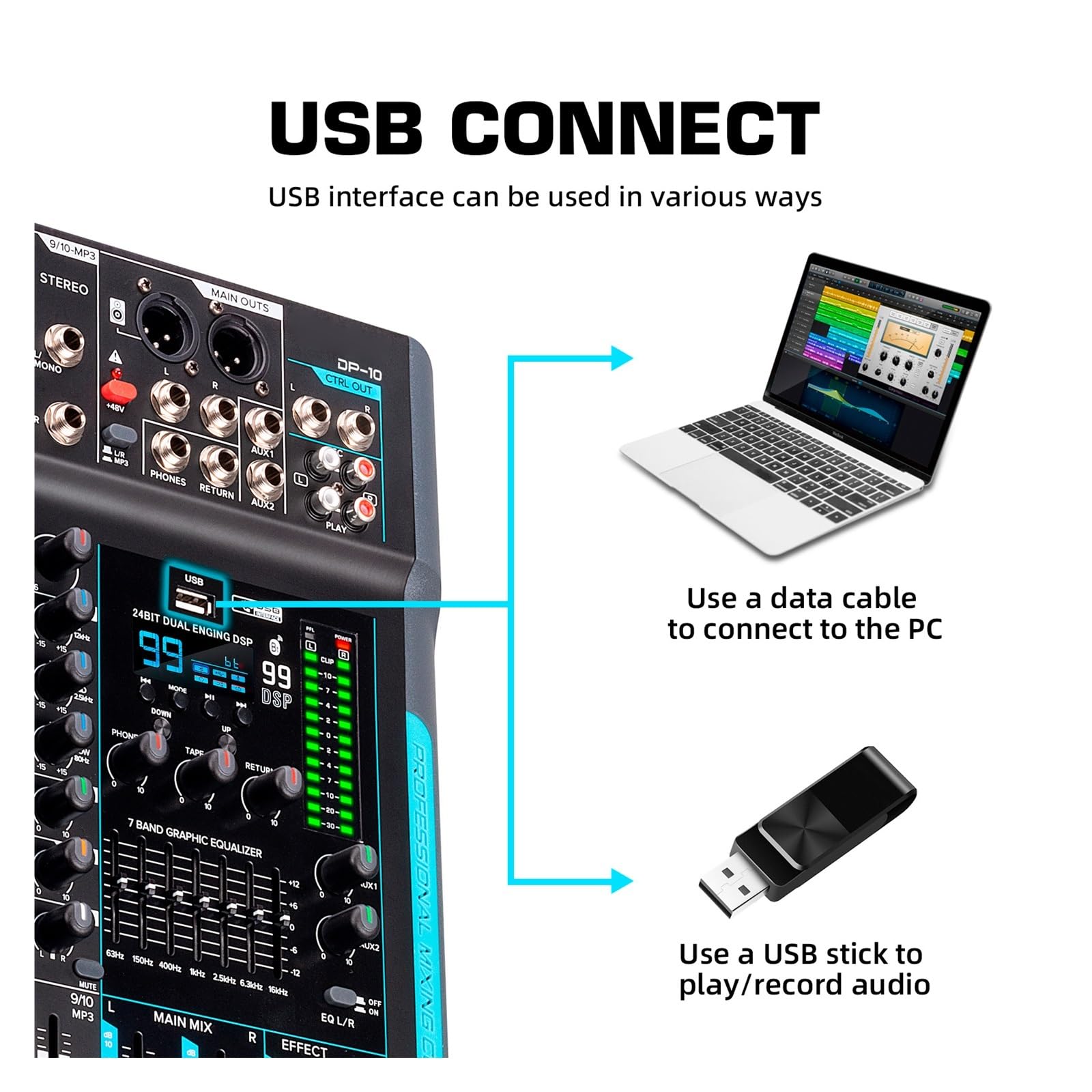 Controlador DJ Mezclador DP-10 Mezclador de grabación con reverberación DSP de 10 Canales y 99 Canales con Rendimiento Profesional Bluetooth 5.0