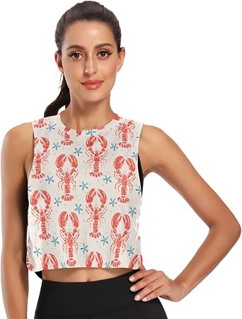 Women Sleeveless Yoga Tops Lobsters Stars Workout Cool T-Shirt Running Short Tank Crop Tops