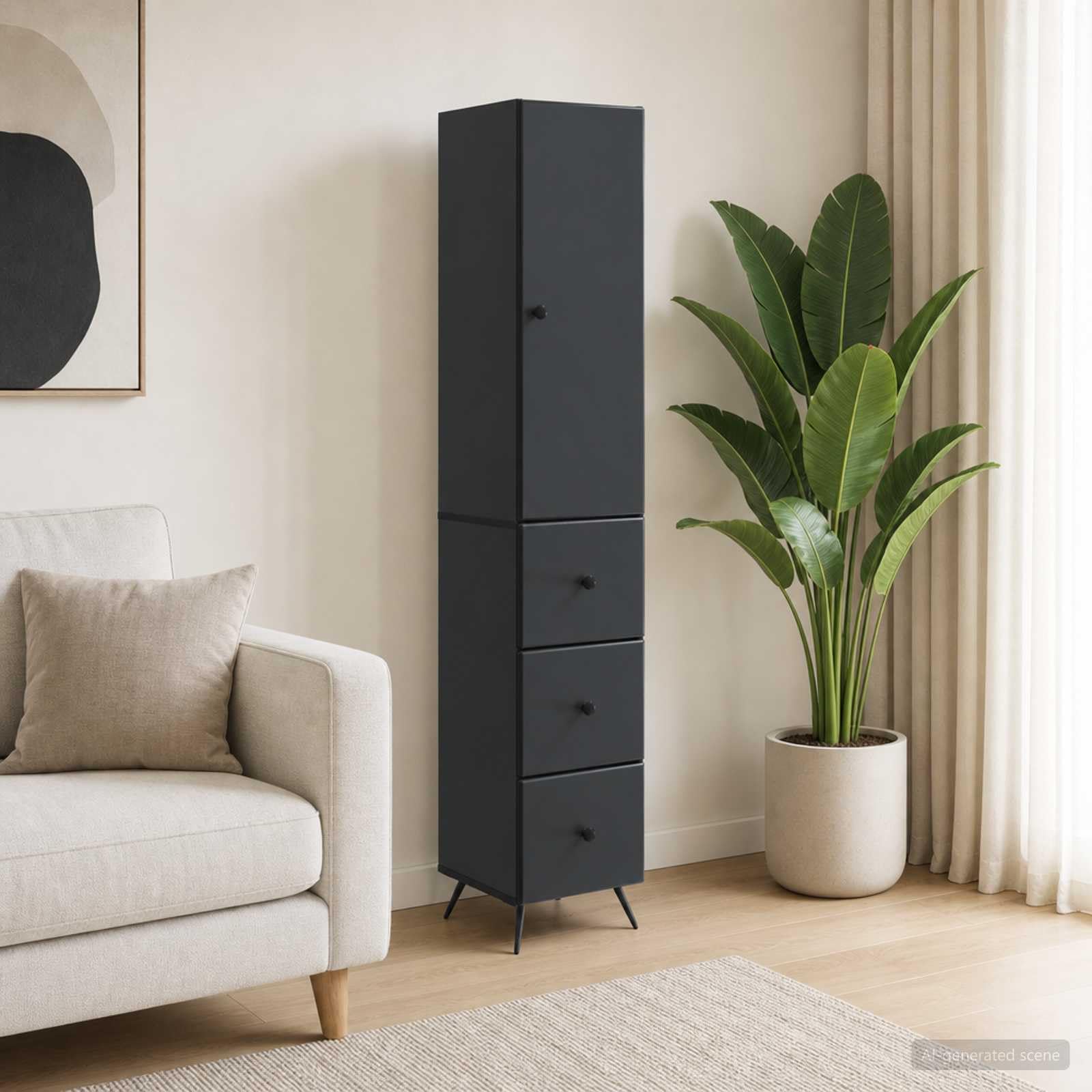Set di armadietti portaoggetti, nero, 2 pezzi, 34,5 x 34,5 x 90 cm, in legno con cassetto e ripiano, per ufficio, soggiorno, guardaroba e spazio