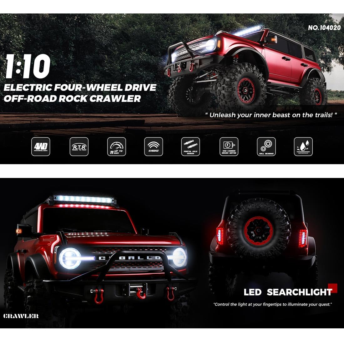Samochód terenowy 1/10 4WD RC, 2,4 G zdalnie sterowany samochód gąsienicowy ze światłami LED, metalowy mechanizm różnicowy i silnik o wysokim momencie obrotowym, zdalnie sterowana ciężarówka