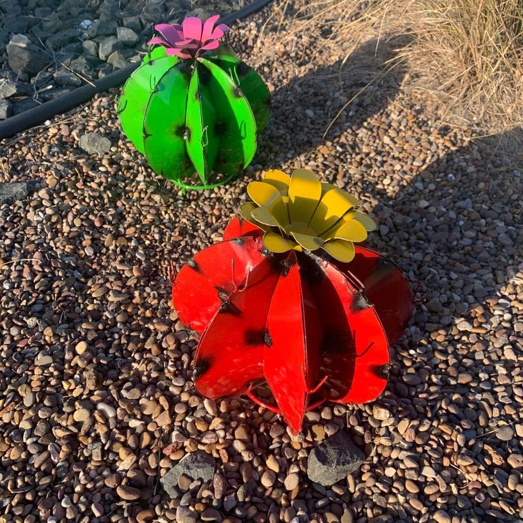 Decorative Rustic 11" Metal Bisnaga Cactus - Garden Art (Red)