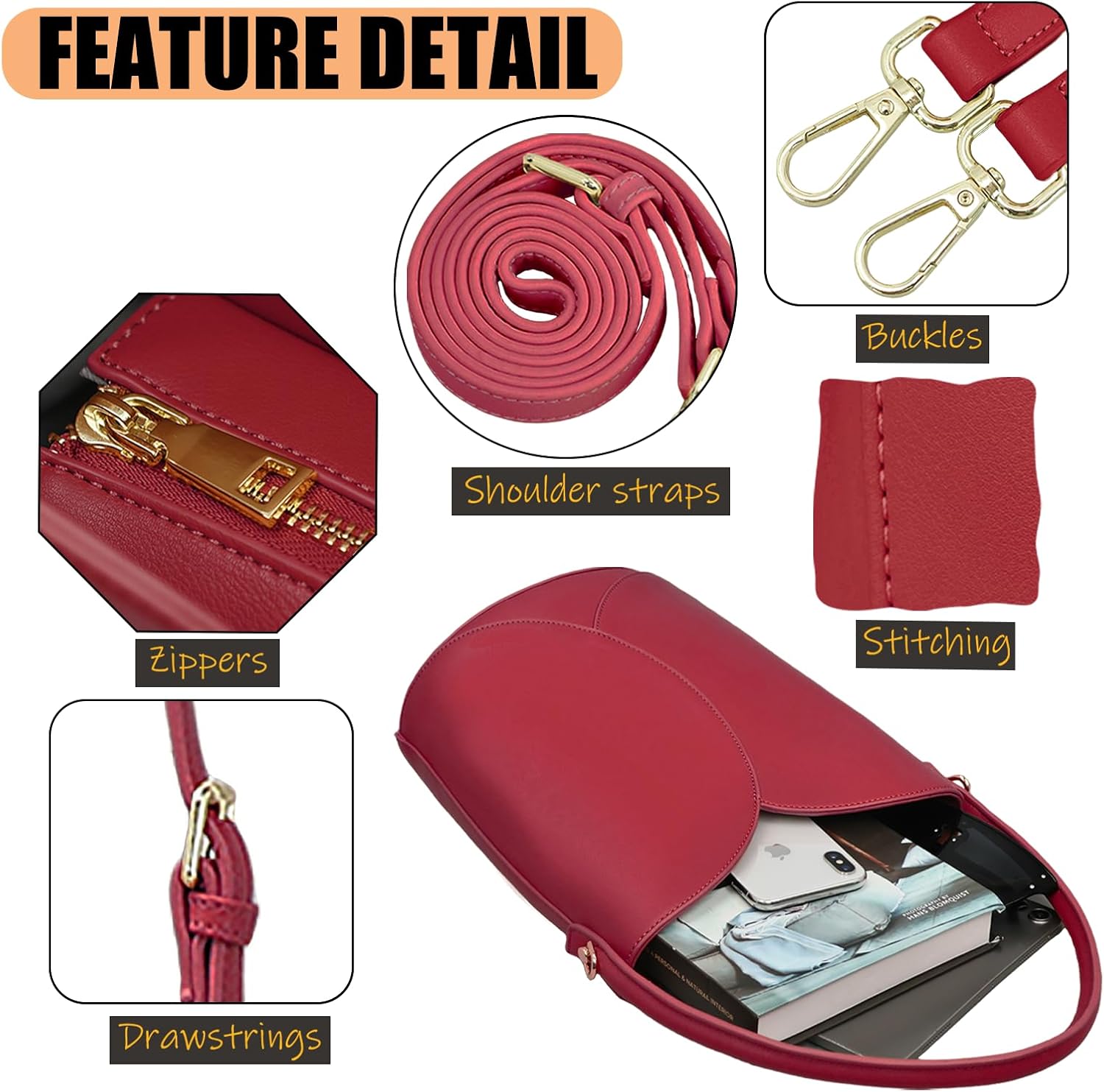 Bucket Bag for Women - Adjustable CrossbodyHobo Purse Trendy Vegan Leather Designer Ladies Tote Handbag - Image 4