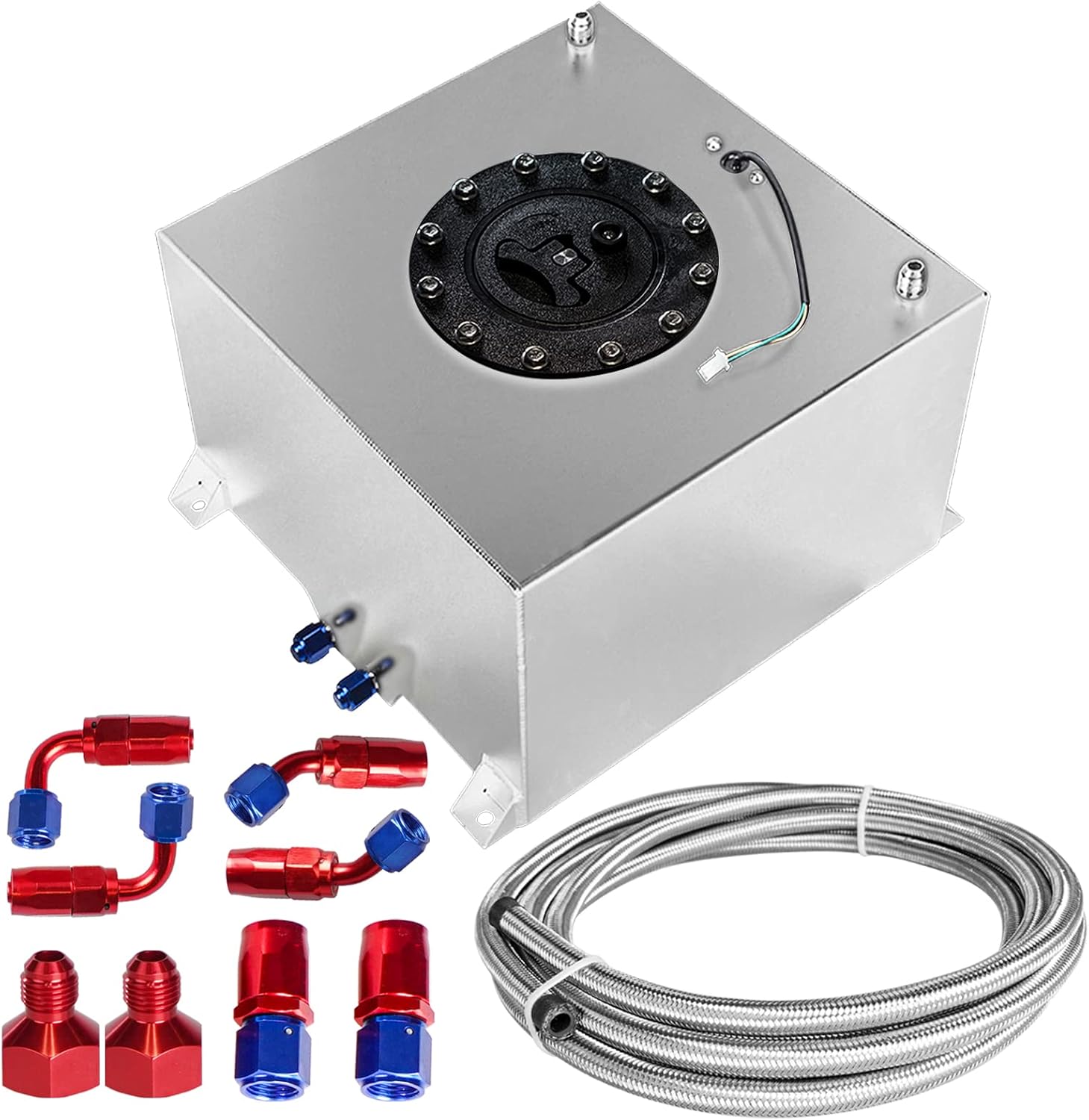 Universal 5 Gallon 20L Fuel Cell Polished Aluminum Fuel Tank with Cap/Level Sender/12FT Oil Feed Line Silver
