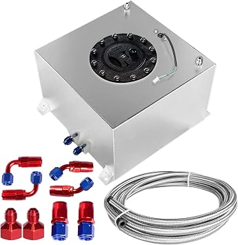 Universal 5 Gallon 20L Fuel Cell Polished Aluminum Fuel Tank with Cap/Level Sender/12FT Oil Feed Line Silver