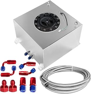 Universal 5 Gallon 20L Fuel Cell Polished Aluminum Fuel Tank with Cap/Level Sender/12FT Oil Feed Line Silver