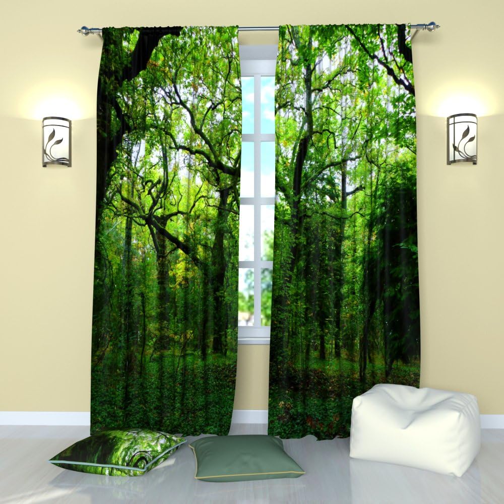 Factory4me Green Curtains Beautiful Forest. Window Curtain Set of 2 Panels Each W52 x L96 Total W104 x L96 inches Drapes for Living Room Bedroom Kitchen