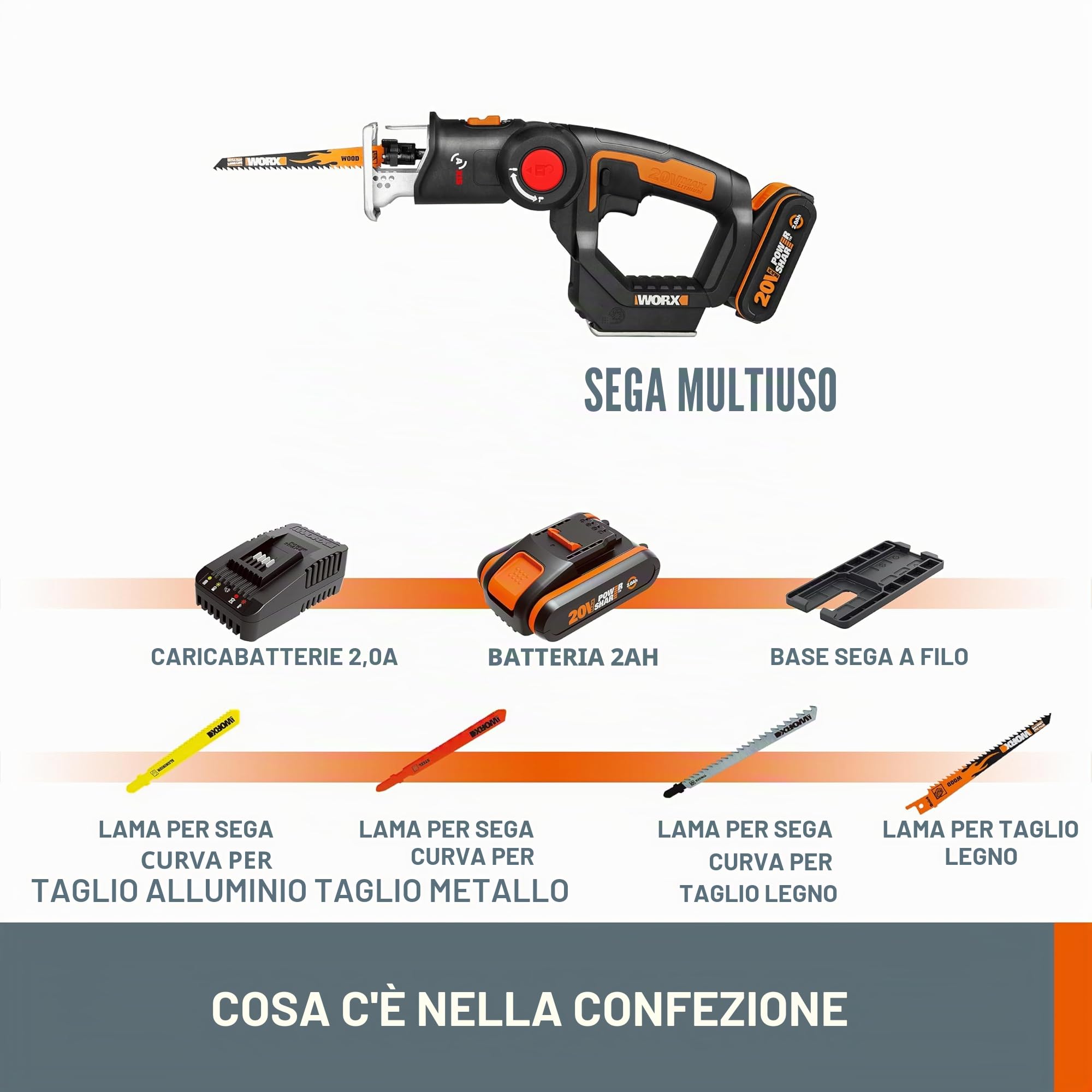Worx WX550 Seghetto alternativo combinato a batteria 20V,con testa girevole, passa da alternativo a gattuccio in attimo e senza attrezzi
