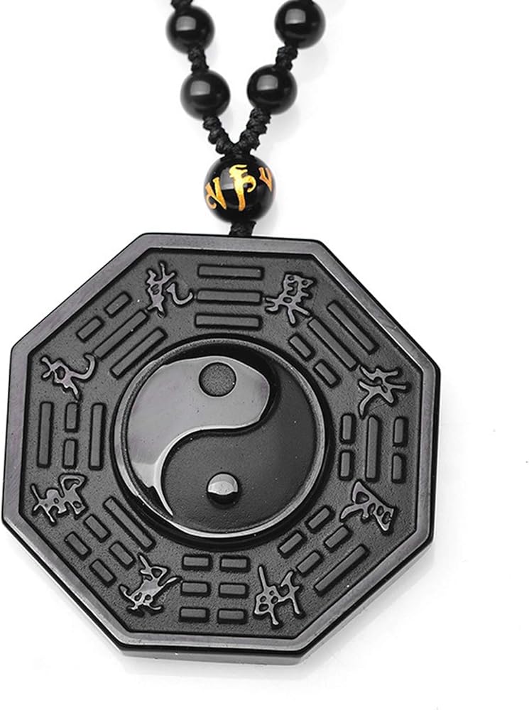 Pendente Ossidiana Taiji E Ba Gua - Collana Unisex Con Catena Acciaio