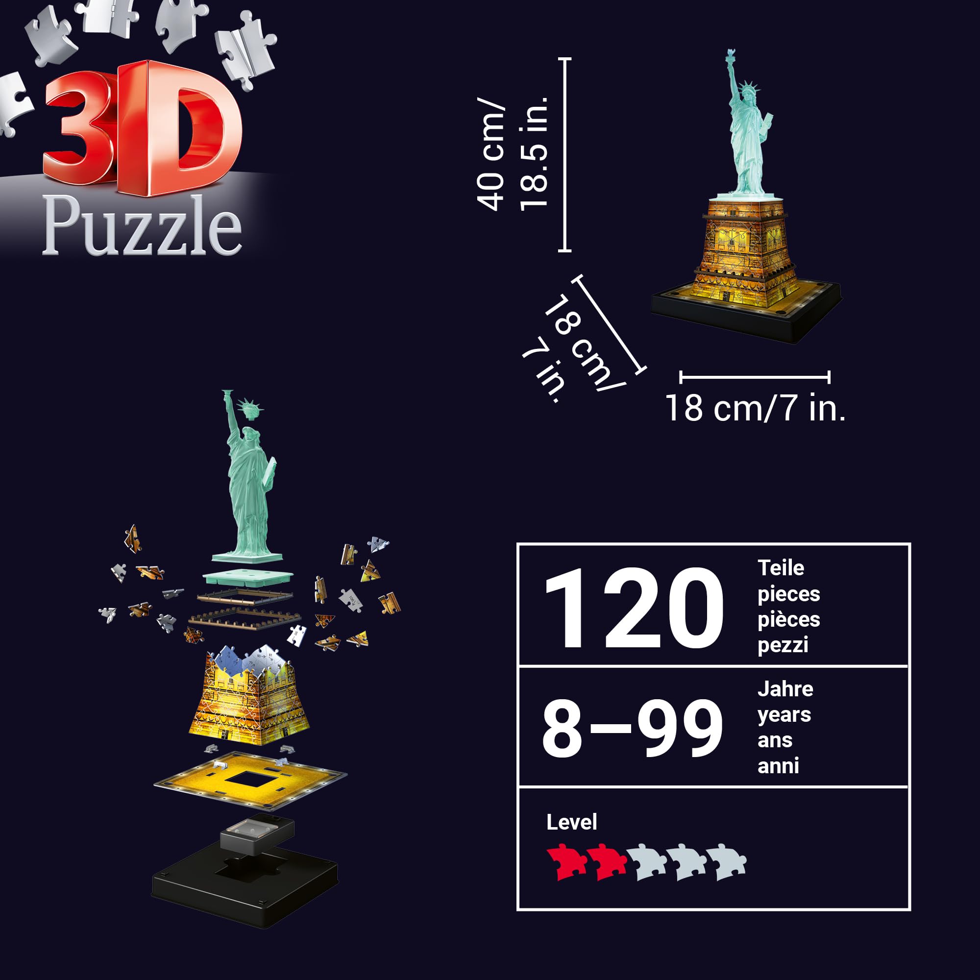 Ravensburger 3D Puzzle 12596 - Freiheitsstatue Night Edition - die weltbekannte Statue of Liberty als LED beleuchtetes Modell für zuhause - Sockel als 3D Puzzle - für Erwachsene und Kinder ab 8 Jahren