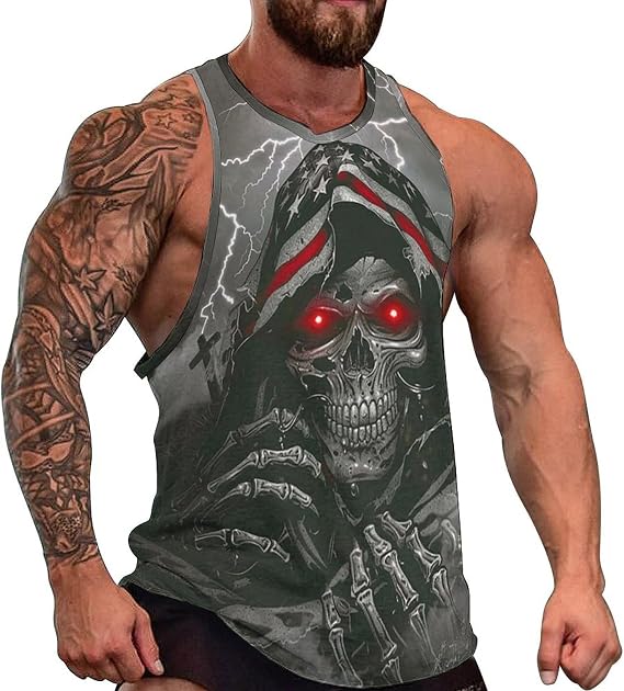 Men's American Flag Eagle Skull Print Tank Top July 4th Patriotic Gym Muscle Shirt
