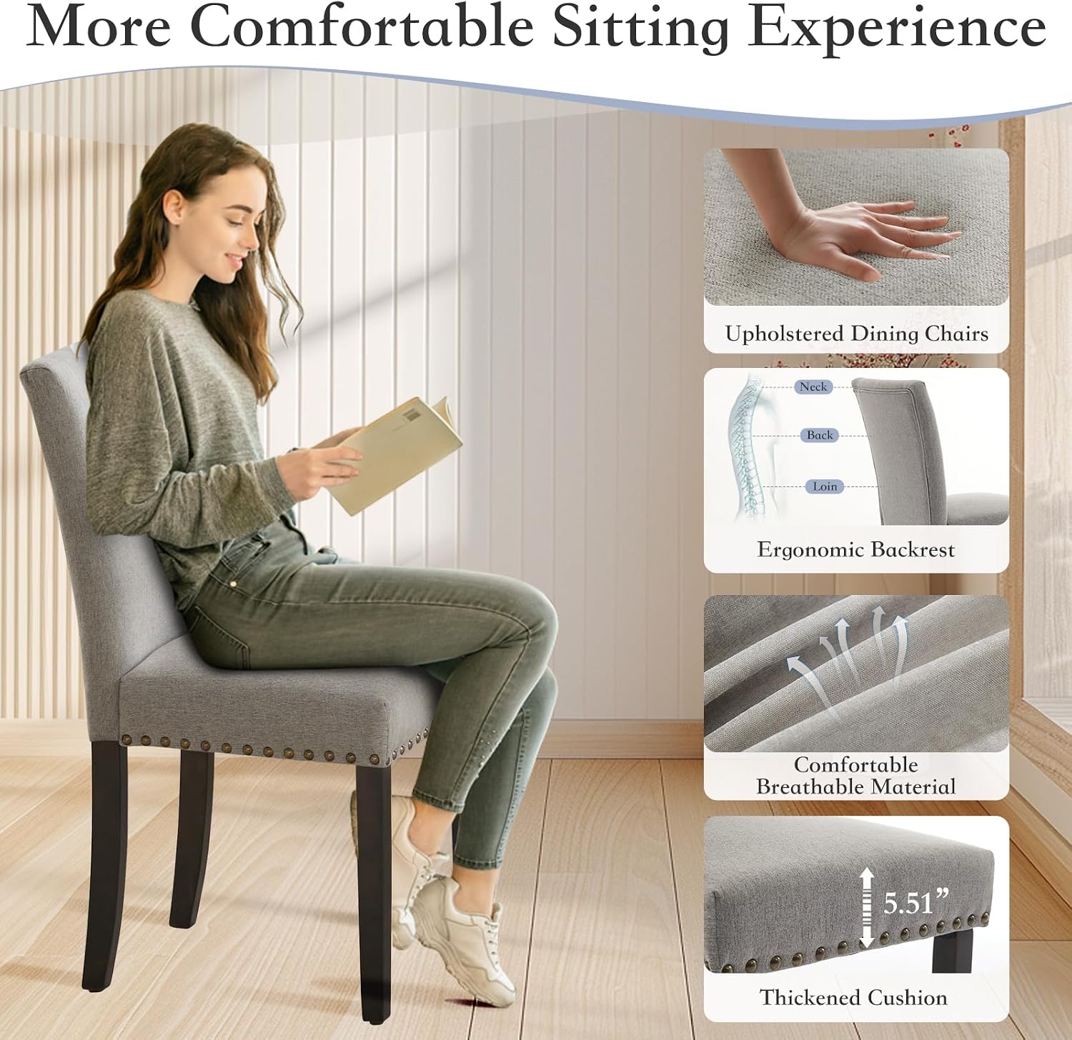 GarveeHome Dining Chair Sets of 2 Upholstered High Back Dining Chair Armless Kitchen Chair Sets Fabric Diner Room Chair with Nailhead Trim/Wood Legs and Padded Cushion Modern Banquet Chairs, Grey