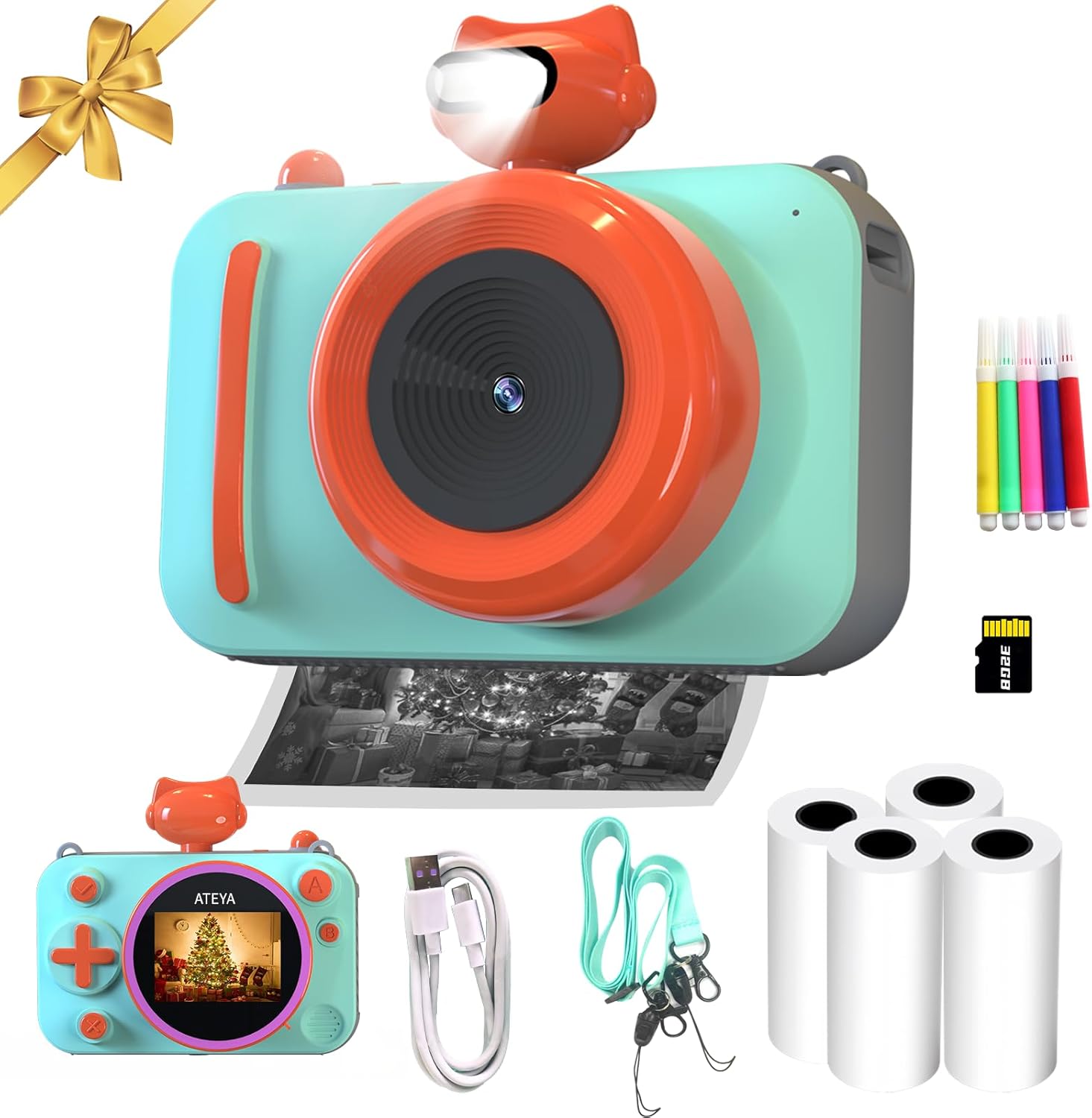 ATEYA Kids Camera Instant Print, 48MP 2.5K UHD Digital Camera for Kids 3-12, for Grandkids, Boys & Girls, with 4 Printing Papers & Strap, Portable Travel Toy
