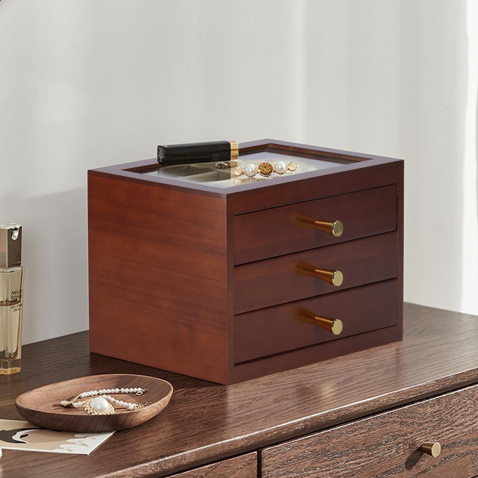 Joyero de Madera de 3 Capas para Mujeres - Cajas de joyería Grandes con 3 cajones, Caja de Almacenamiento de Joyas para Anillos, Pendientes, Pulseras, Collares(marrón)