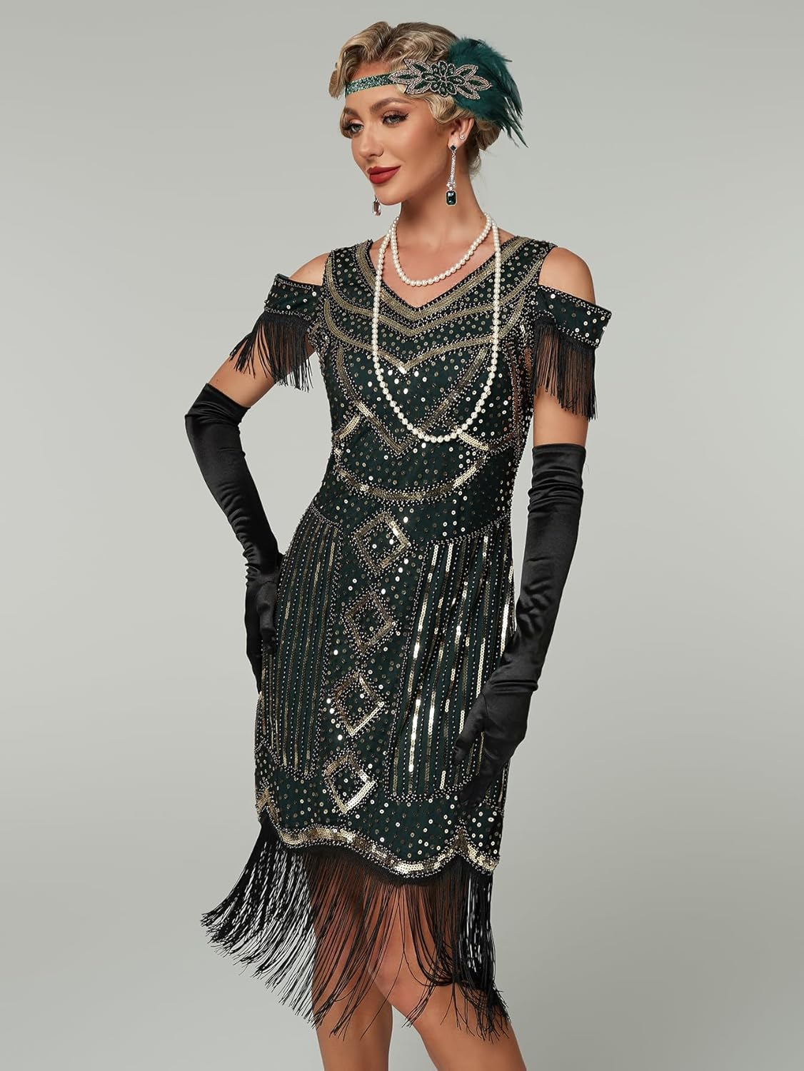 Great Gatsby Dresses 1920s for Women, Vintage Long Fringe Dress Roaring 20s Sequins Beaded Dress with Accessories Set - Image 4
