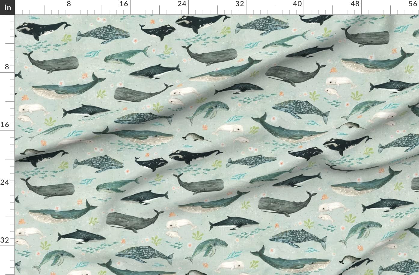 Spoonflower Fabric - Whales Green Blue Orange Fish Sea Ocean Jellyfish Pod Whale Humpback Printed on Organic Cotton Sateen Fabric by The Yard - Sewing Quilting Apparel Home Decor