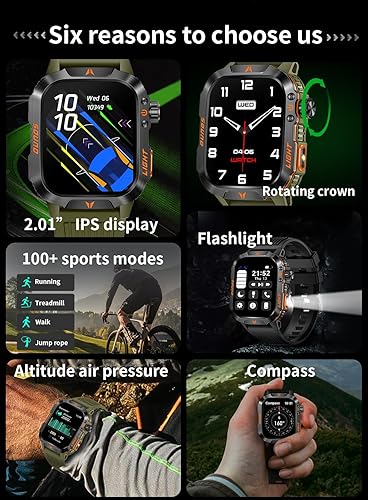 Miniatura 8 de QTLLBT - Reloj inteligente con linterna LED, barómetro, altímetro, brújula 2.01HD, rastreador de fitness, podómetro, múltiples caras de reloj, más