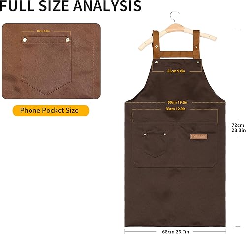 Miniatura 5 de MXY Delantal para mujeres y hombres, lona de cera ajustable, 5 bolsillos para herramientas, delantal de trabajo para tareas domésticas, cocina,
