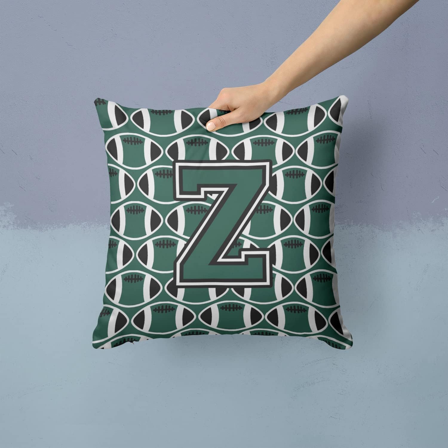 Caroline's Treasures CJ1071-ZPW1414 Letter Z Football Green and White Fabric Decorative Pillow Machine Washable, Indoor Outdoor Decorative Pillow for Couch, Bed or Patio, 14Hx14W