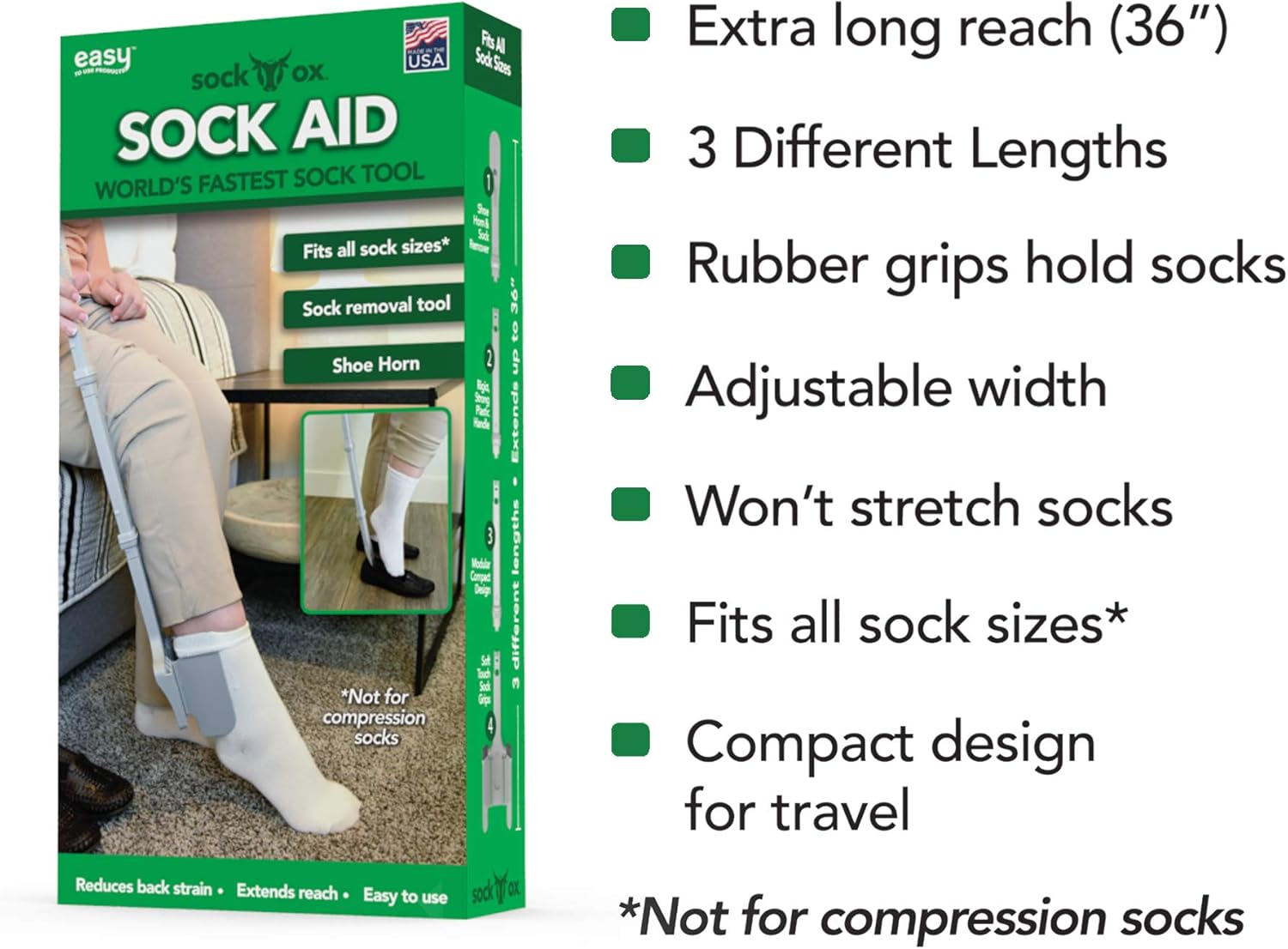 Sock Ox - Extended Length Sock Remover and Long Shoe Horn - Easy On and Off Stocking Slider - Dressing Aid for Senior Men and Women : Health & Household